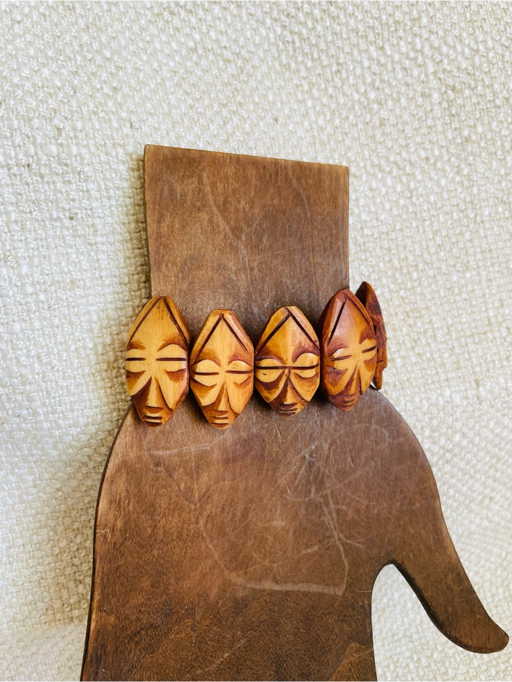 Vintage Hand-Carved Buffalo Bone Face Mask Stretch Bracelet Size 6